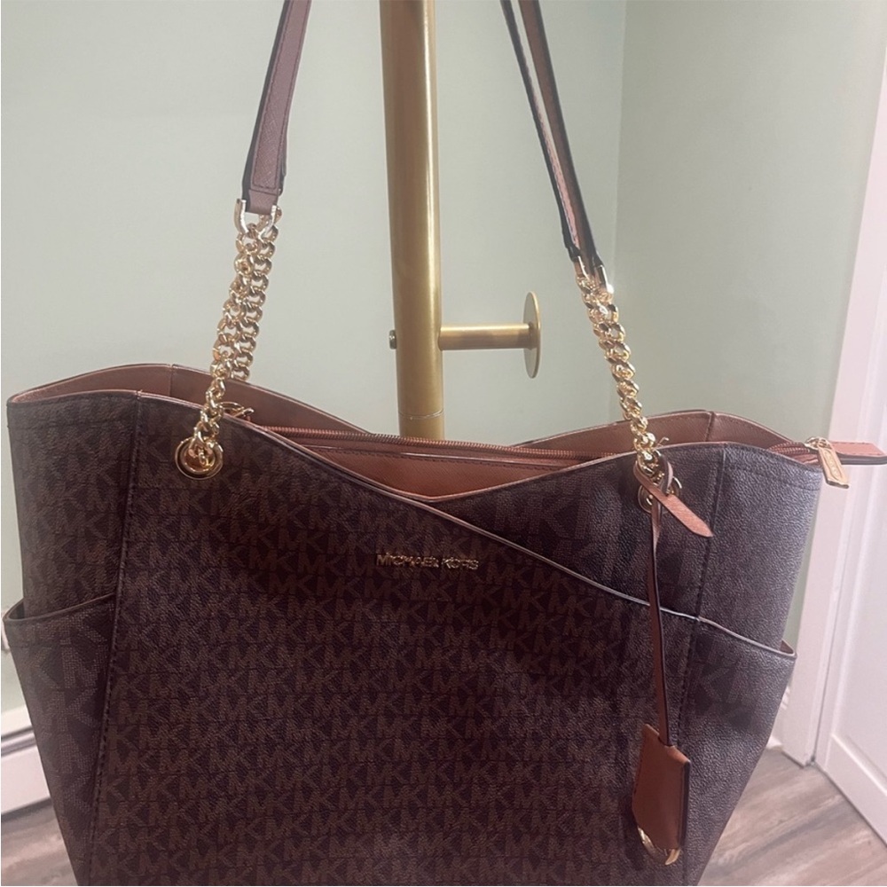 Michael Kors Brown Monogram Tote with Gold Chain Straps